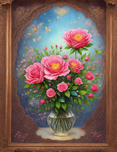 قاب نقاشی دیجیتال گلهای مینیاتوری ایرانی
