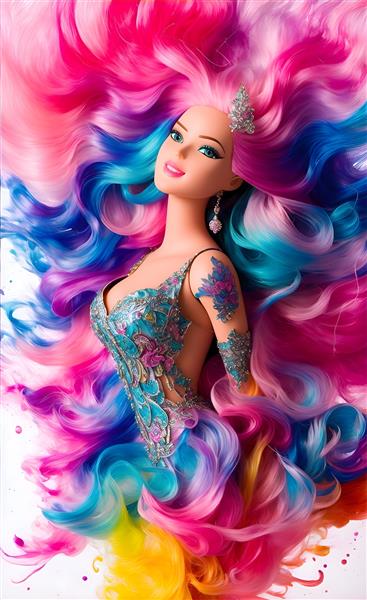 تابلو دکوراتیو پرتره باربی با رنگ‌های زنده و موهای بلند