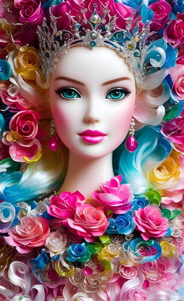 نقاشی دیجیتال پرتره باربی زیبا با موهای بلند و گلهای رنگارنگ