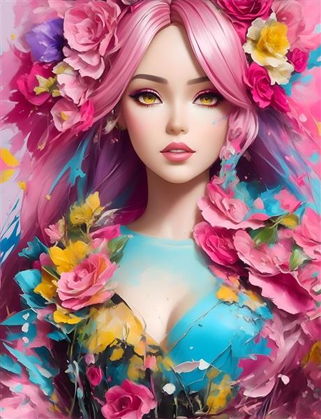پوستر هنری پرتره باربی جذاب با گل های زیبا