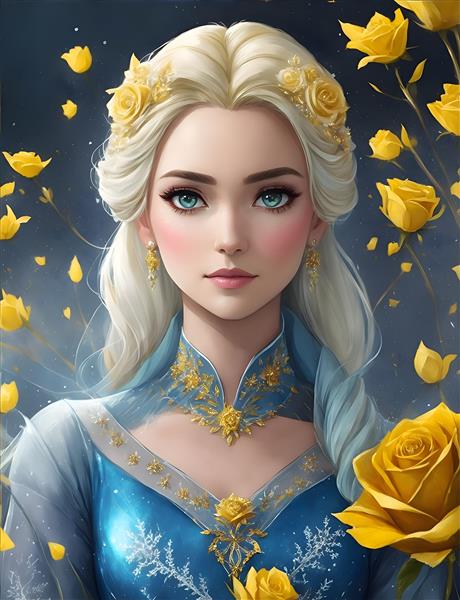 نقاشی دیجیتال آبی و طلایی پرنسس السا با چهره زیبا