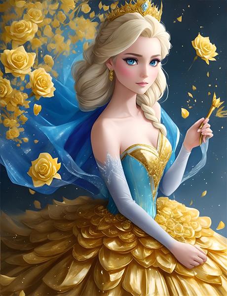 پوستر دیواری هنری دیجیتال پرتره پرنسس السا با گلهای طلایی