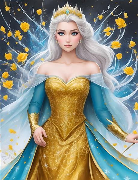 پوستر دیواری دیجیتال لوکس پرتره پرنسس السا با موهای بلند آبی و طلایی