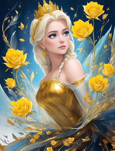 تصویرسازی دیجیتال جذاب چهره السا با گلهای طلایی