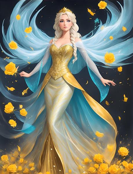 پوستر دیواری هنری پرنسس السا در لباس آبی و طلایی