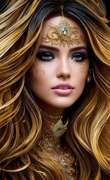 پوستر دیواری هنری نقاشی دیجیتال پرتره سه بعدی چهره زن جذاب با جواهرات لوکس فیروزه ای و طلایی