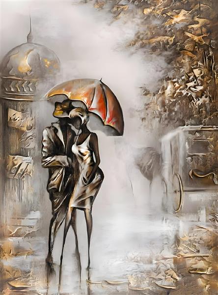 عشق زیر باران طرح تابلو نقاشی لوکس و برجسته به سبک کووال استایل