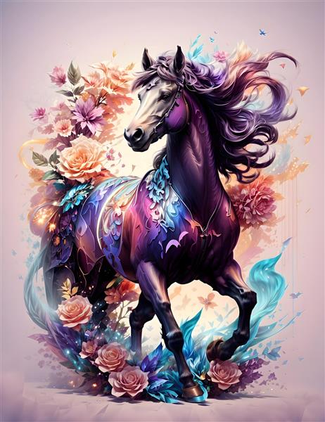 اسب سیاه با گلهای رنگی تصویرسازی دیجیتال