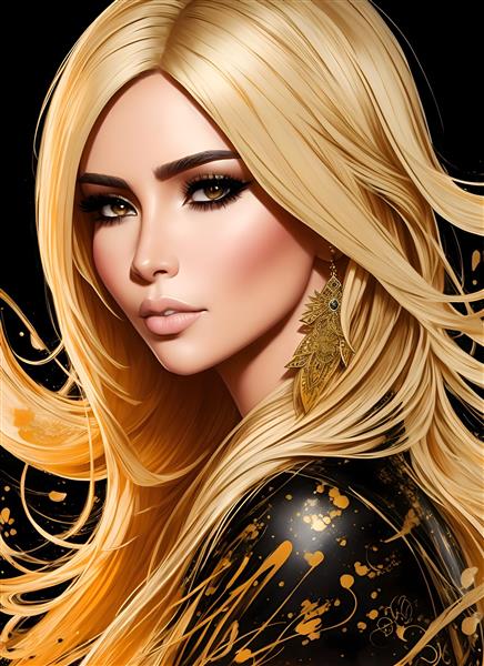 پوستر هنری لاکچری نقاشی دیجیتال کیم کارداشیان با موهای بلند طلایی