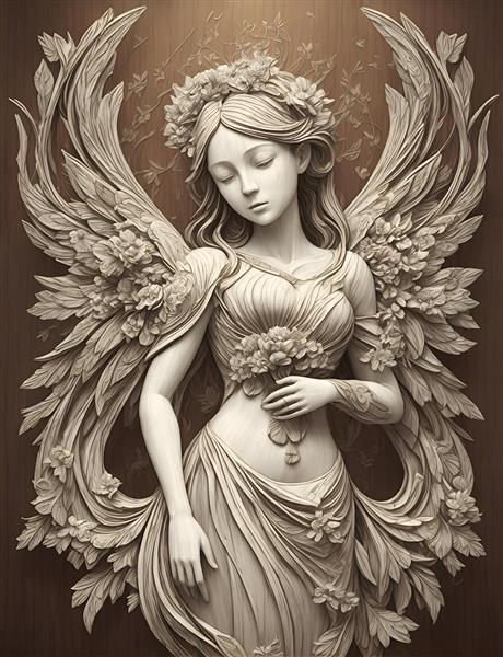 سبک هنری تصویرسازی دیجیتالی مجسمه فرشته بالدار چوبی