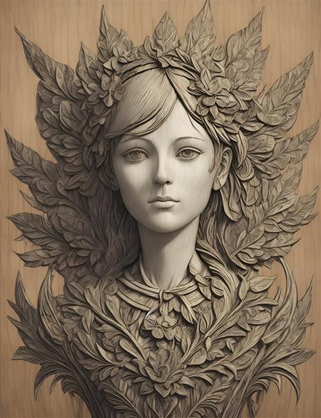 مجسمه دختر چوبی با گل‌های زیبا