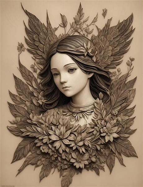 سبک هنری دختر چوبی با گلهای خرده چوب
