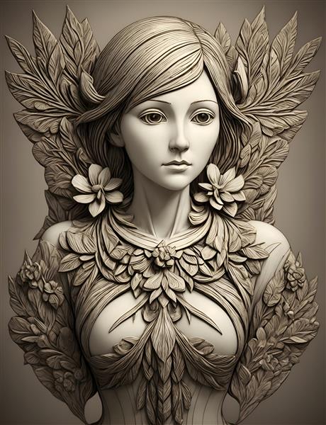 تصویرسازی دیجیتالی مجسمه چوبی دختر گلدار با سبک هنری