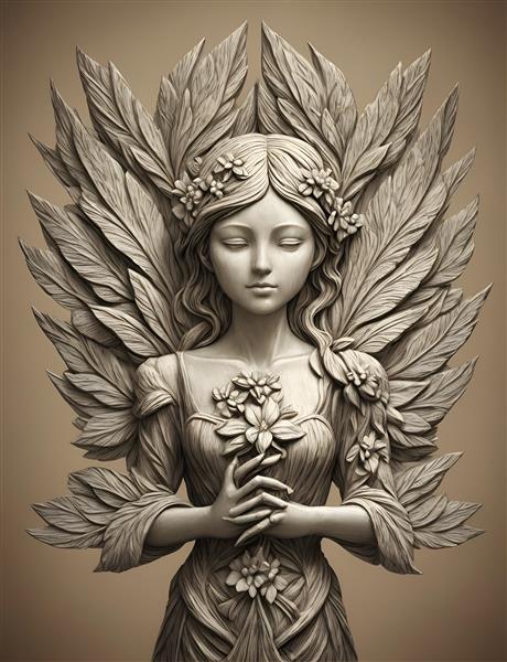 تصویرسازی دیجیتالی مجسمه فرشته بالدار چوبی خرد شده