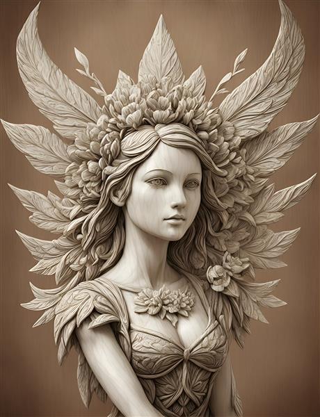 نقاشی دیجیتالی زیبا مجسمه فرشته بالدار چوبی