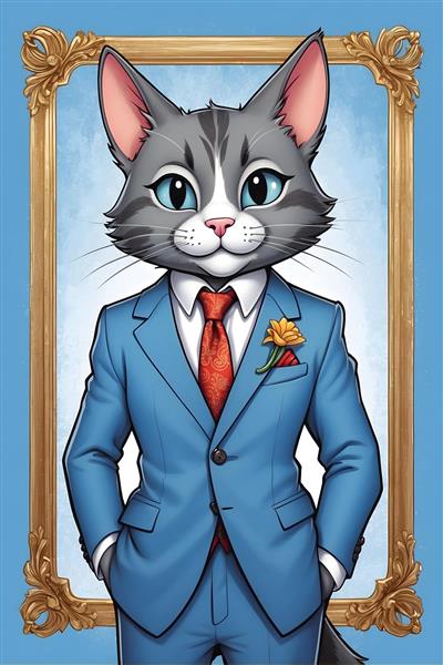پوستر طرحی از گربه‌ای شیک پوش در لباس رسمی