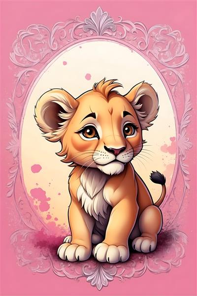 نقاشی دیجیتال کارتونی بچه شیر روی زمینه صورتی