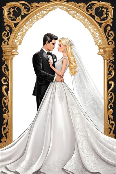طرح جلد دفتر عروسی کارتونی باربی و کن با زمینه طلایی