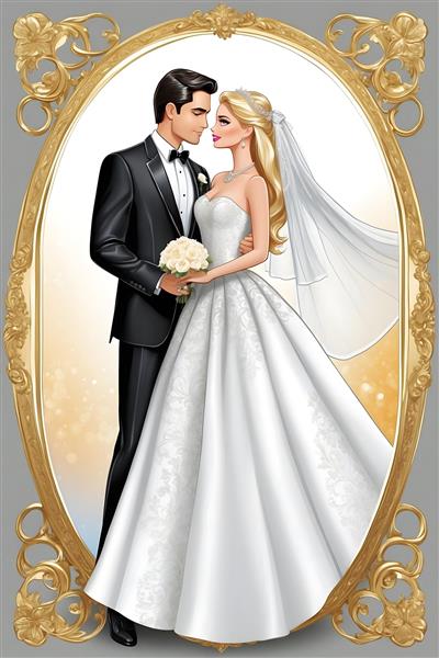پوستر عروسی کارتونی باربی و کن با زمینه طلایی