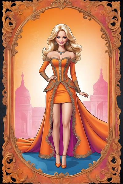 پوستر نقاشی دیجیتالی باربی در لباس زیبا با زمینه نارنجی