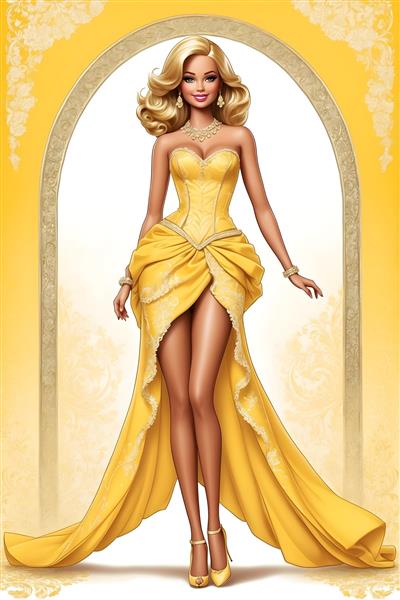 زیباترین تصویرسازی کارتونی باربی در لباس بلند طلایی