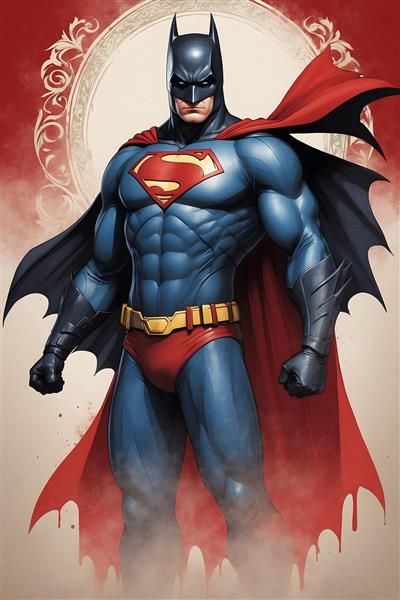 پوستر نقاشی دیجیتالی کارتونی از بتمن با لباس سوپرمن