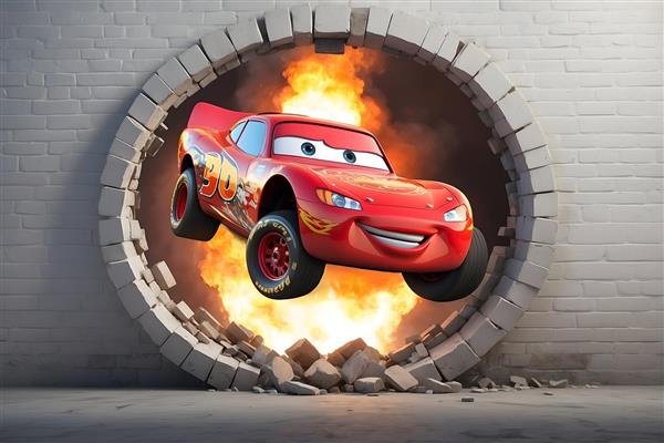 پوستر دیواری انیمیشن ماشین ها مک کویین در حال نجات از آتش در کنار دیوار آجری