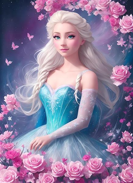 پوستر انیمیشن فروزن با پرنسس السا و گل‌های رز صورتی