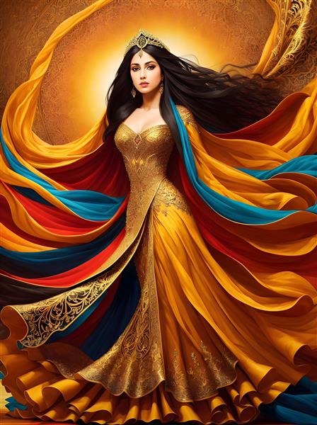 پوستر دیجیتالی رقص زنان ایرانی با لباس‌های طلایی در حال جشن گرفتن