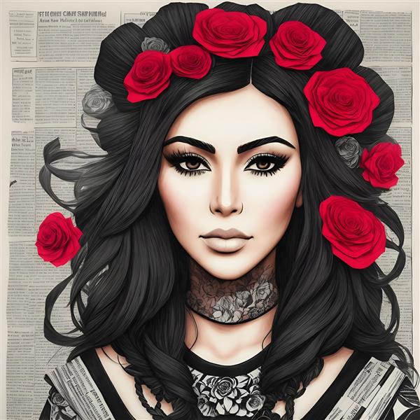 ترکیب هنری چهره زن با گل رز و کاغذ و روزنامه