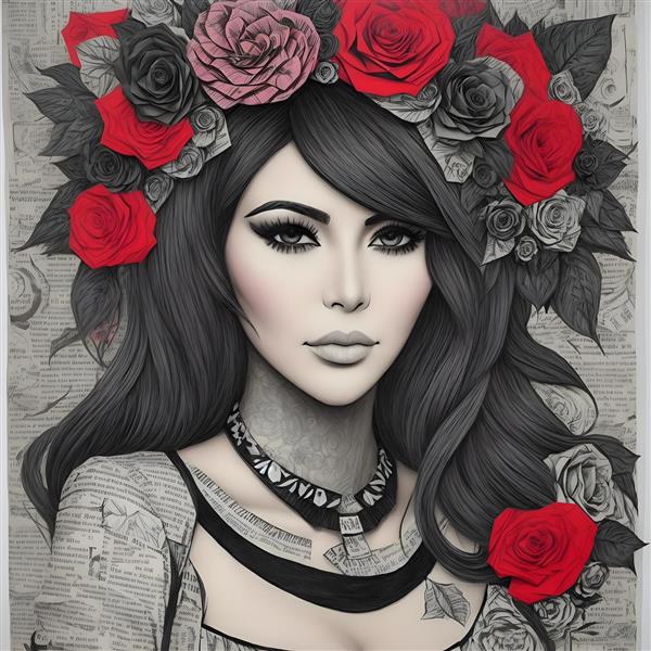 تصویرسازی هنری چهره زن با گل رز و روزنامه