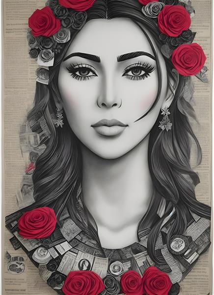 پوستر هنری چهره زن با گل رز، کاغذ و تکه کاغذ