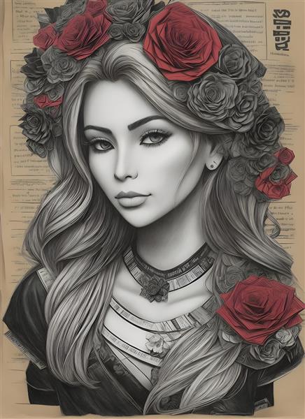 طرح نقاشی دیجیتال چهره زن با گل رز، کاغذ و کولاژ