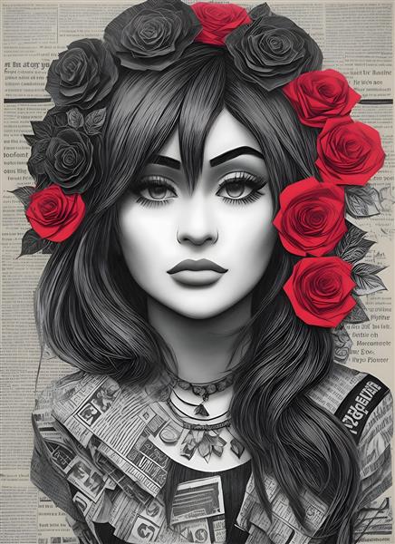 کولاژ کاغذی چهره زن با گل رز