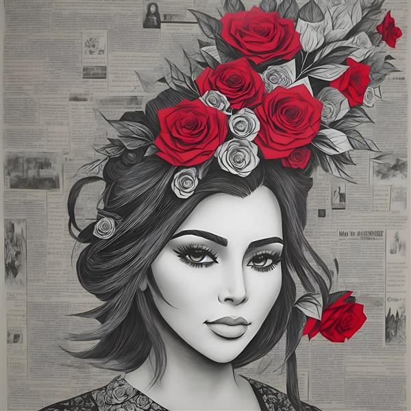 تصویرسازی هنری چهره با ترکیب گل رز و روزنامه