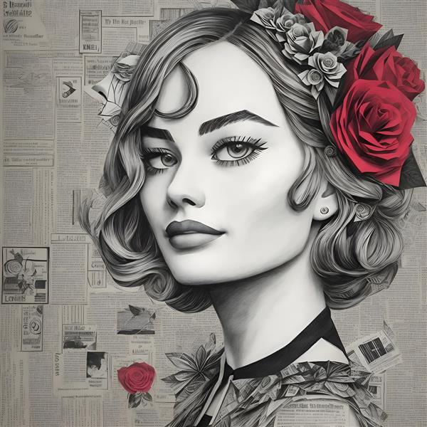 نقاشی دیجیتال چهره مارگو رابی با گل رز
