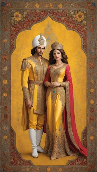 تصویرسازی دیجیتال از پادشاه و ملکه بر روی فرش ایرانی