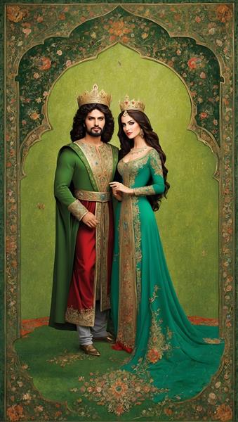 پوستر هنری نقاشی شده از شاه و ملکه روی فرش ایرانی