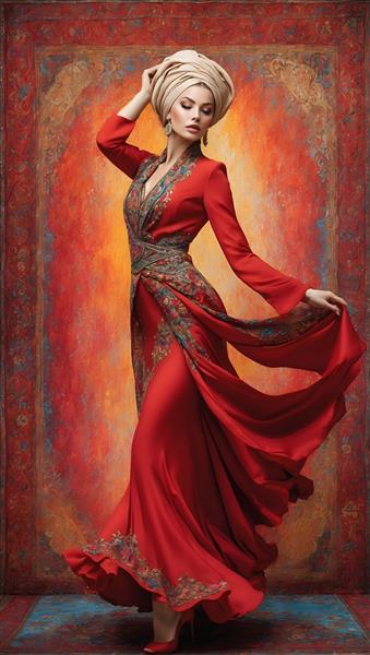 پوستر لاکچری نقاشی دیجیتال رقص دختر زیبا روی فرش ایرانی