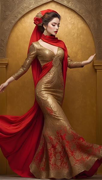 جذابیت بی نظیر دختر با لباس بلند طلایی در حال رقص