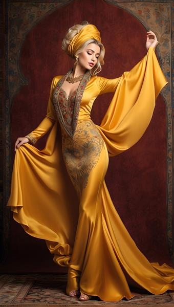 ترکیبی از زیبایی و ظرافت در رقص دختر با لباس بلند روی فرش ایرانی