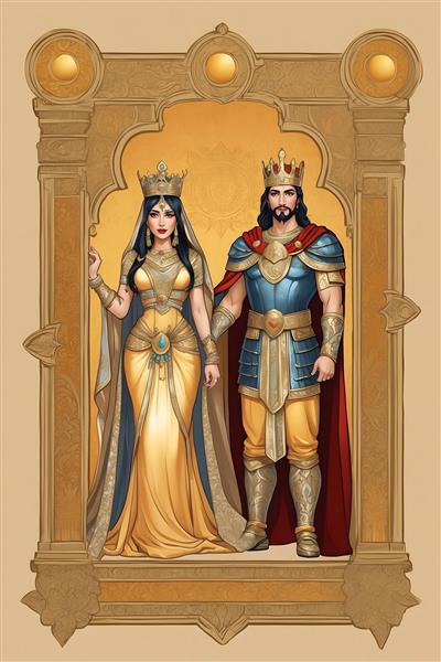نقاشی شاه و ملکه هخامنشی با لباس های طلایی