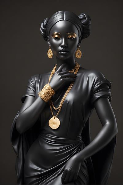 نقاشی سه بعدی جذاب با تم مجسمه زن سیاه و طلایی