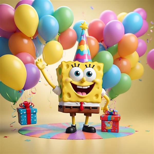 باب اسفنجی در جشن تولد، تصویرسازی شده با رنگ های شاد