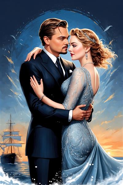 طرح پوستر فیلم تایتانیک با جک و رز عاشقانه و جذاب