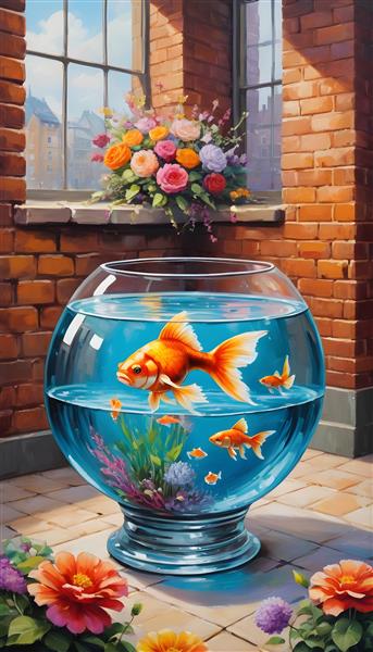 عکس نقاشی شده از تنگ ماهی با گل های نوروزی