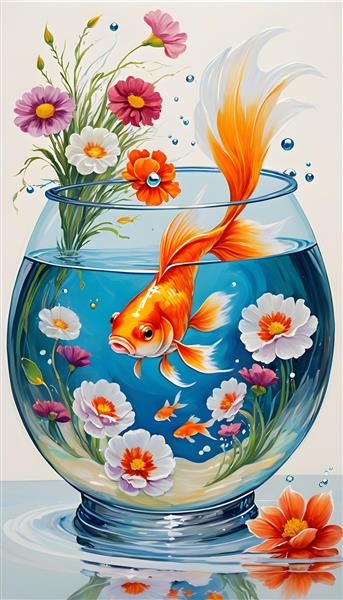 نقاشی زیبا از تنگ ماهی قرمز نوروزی