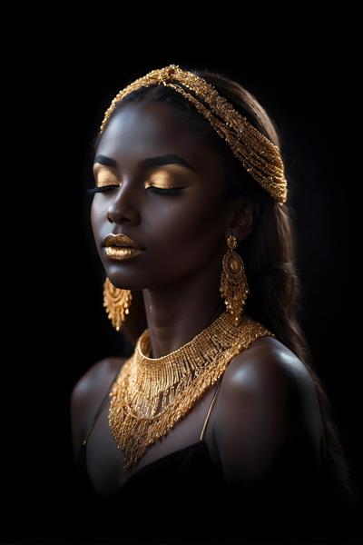 مدل آرایش و جواهرات زن سیاه پوست با پوست براق