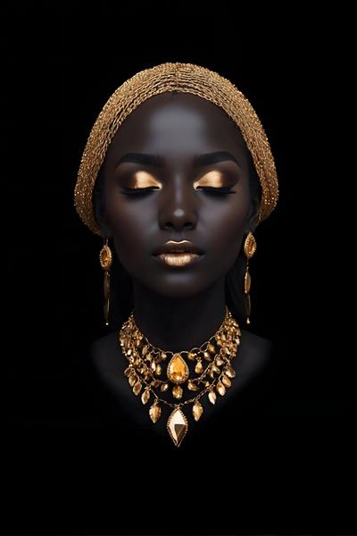عکس از نزدیک از چهره ی یک زن سیاه پوست با جواهرات