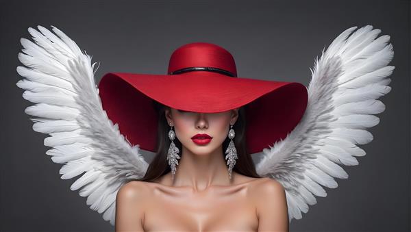 عکاسی پرتره از دختر جوان با بال های فرشته کلاه بزرگ و گوشواره در آتلیه